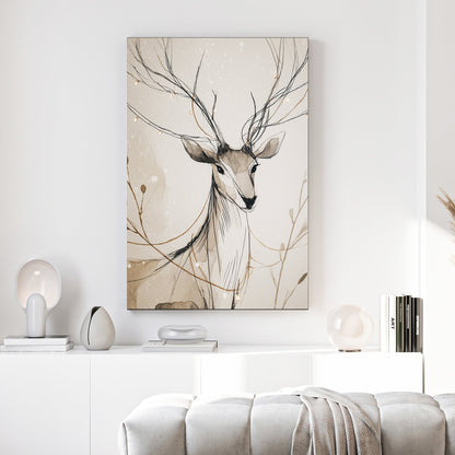elegant deer illustration wall art with golden string lights and soft neutral watercolour background