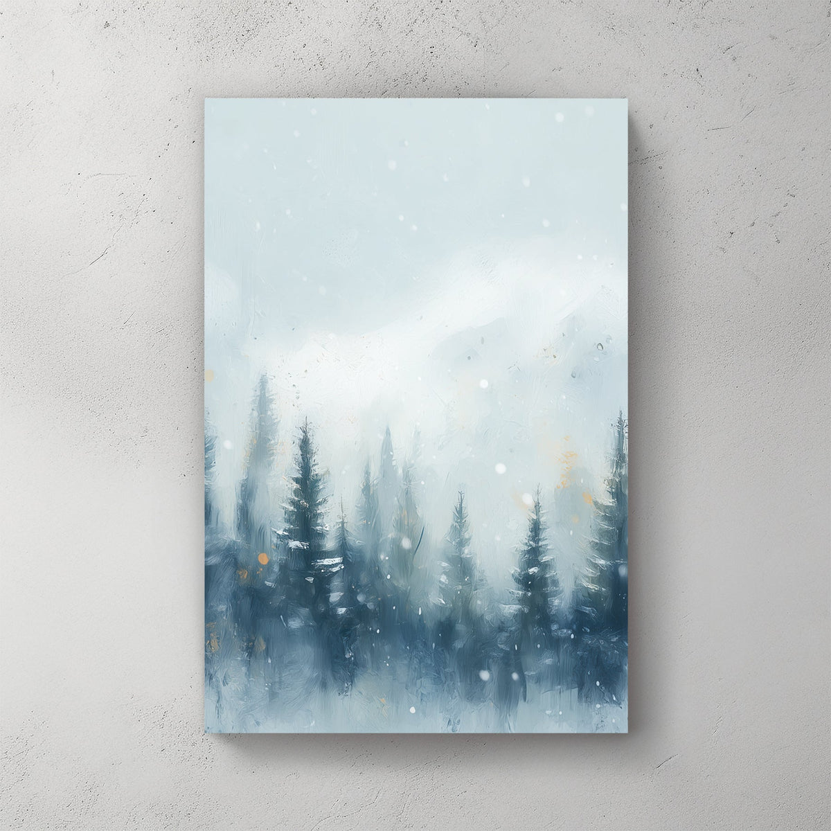 misty pine forest snowfall winter landscape wall art with soft mountain backdrop