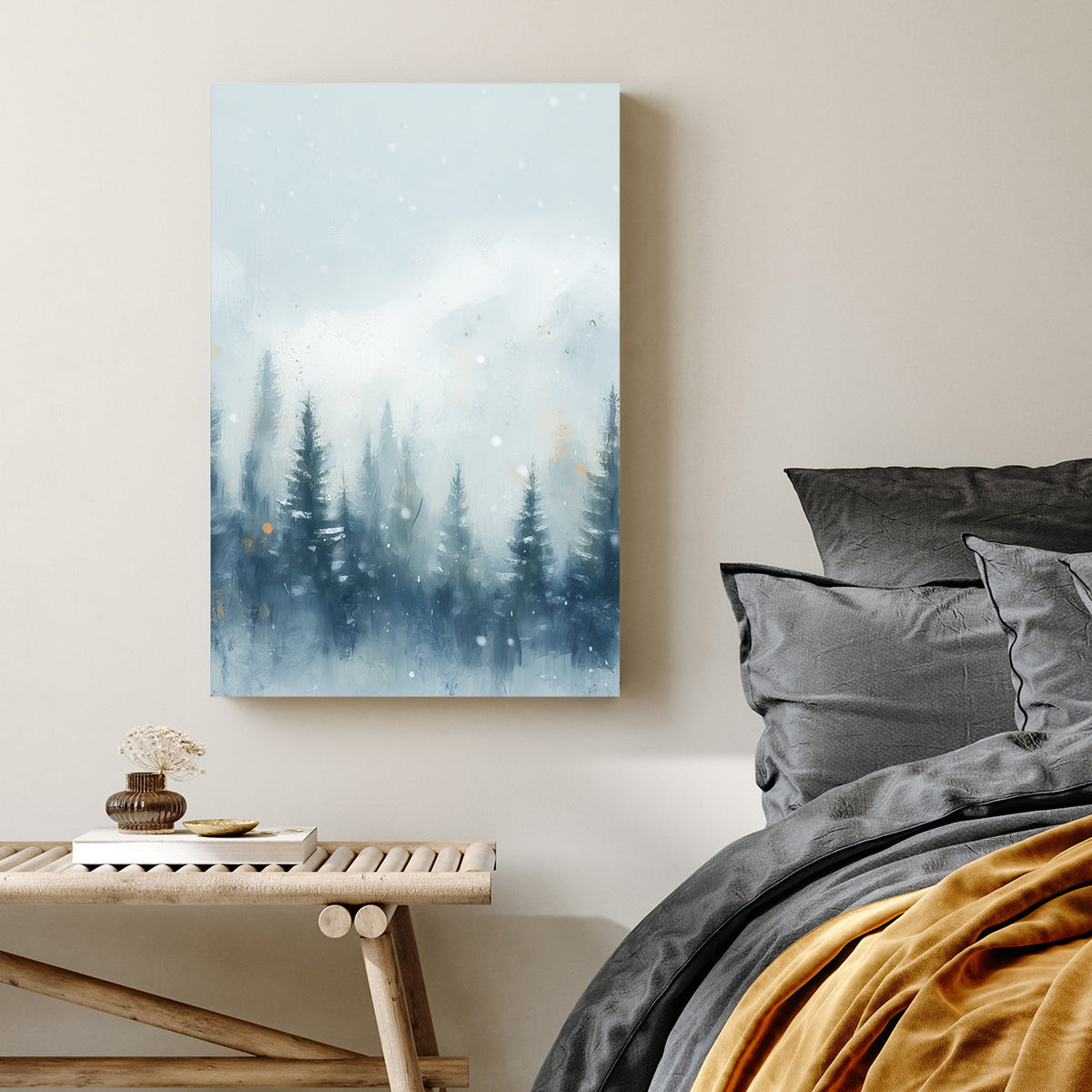 misty pine forest snowfall winter landscape wall art with soft mountain backdrop