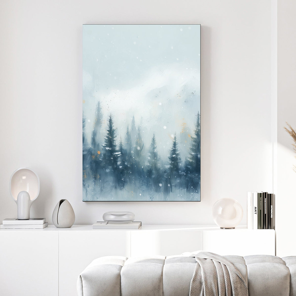 misty pine forest snowfall winter landscape wall art with soft mountain backdrop