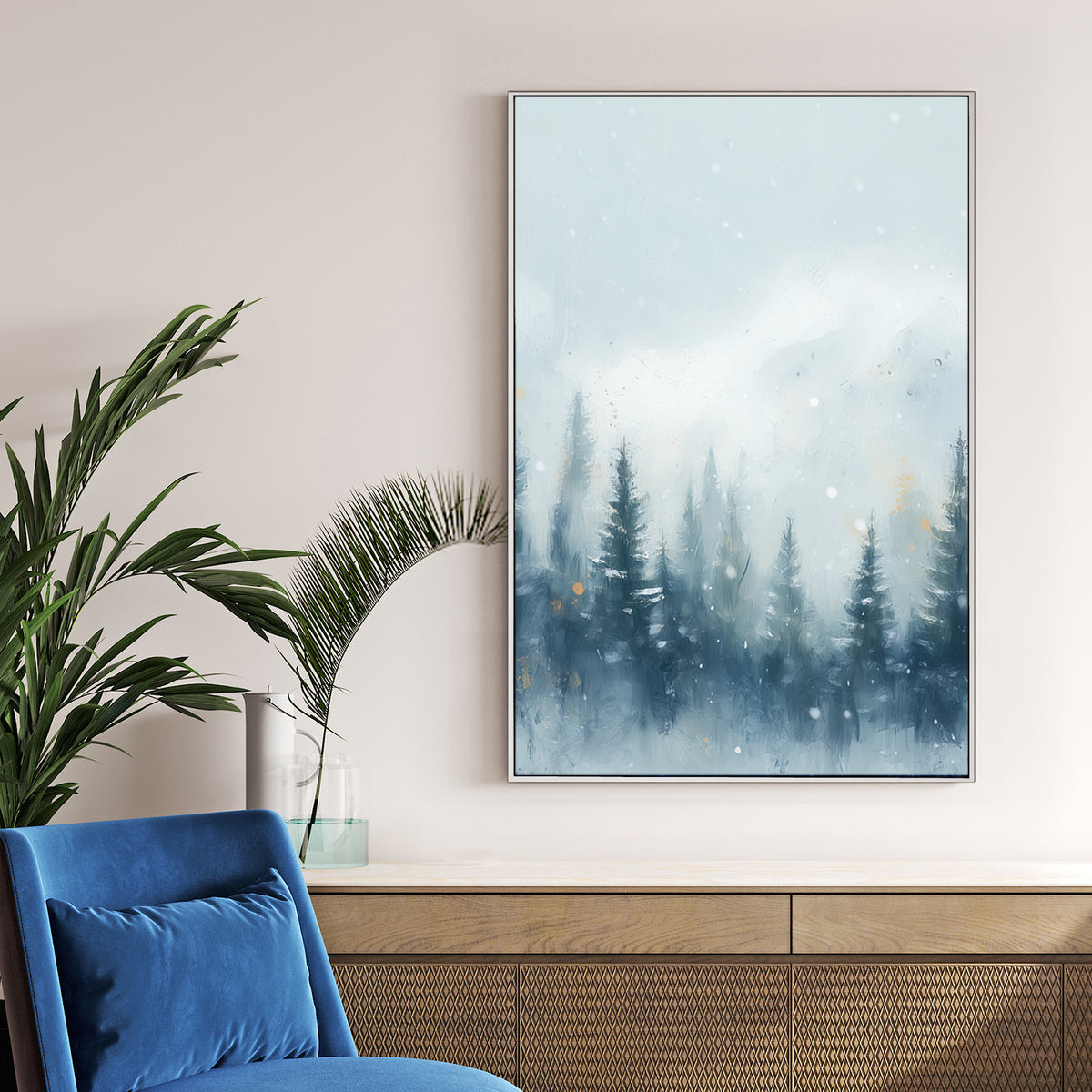 misty pine forest snowfall winter landscape wall art with soft mountain backdrop