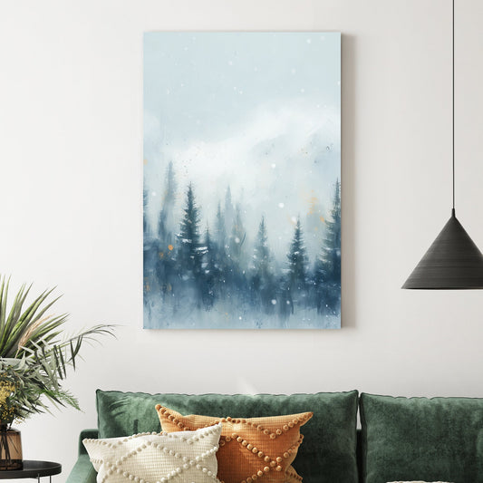 misty pine forest snowfall winter landscape wall art with soft mountain backdrop