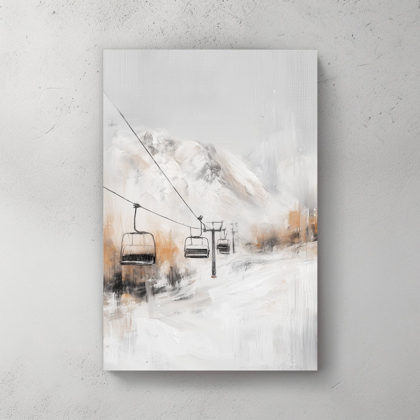 alpine ski lift winter mountain landscape wall art in soft neutral tones