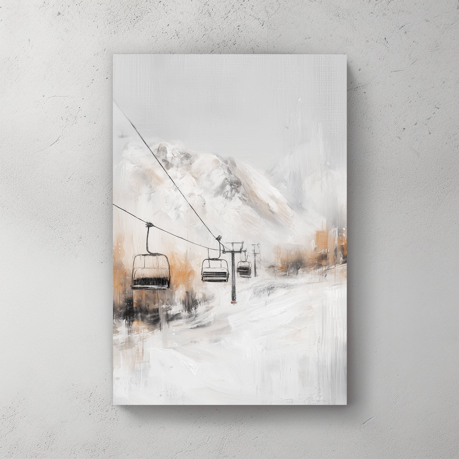alpine ski lift winter mountain landscape wall art in soft neutral tones