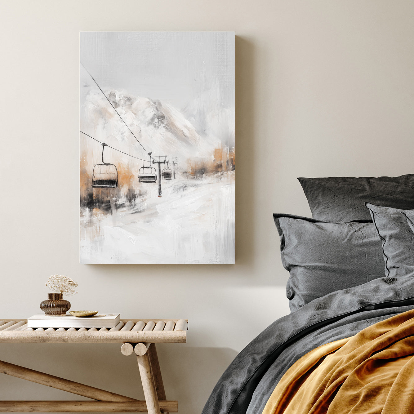 alpine ski lift winter mountain landscape wall art in soft neutral tones