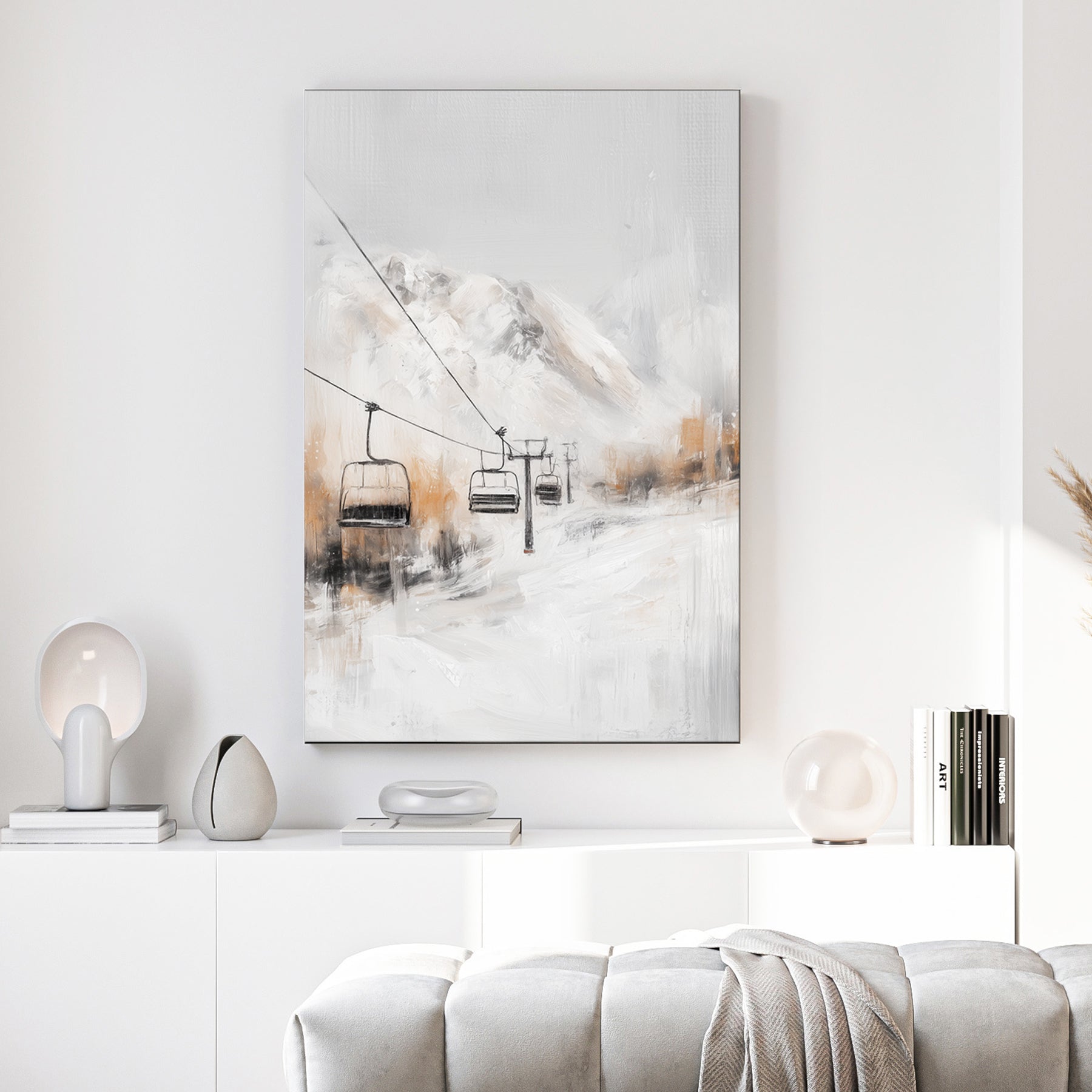 alpine ski lift winter mountain landscape wall art in soft neutral tones