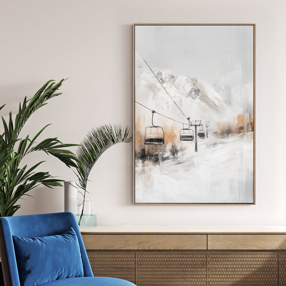 alpine ski lift winter mountain landscape wall art in soft neutral tones