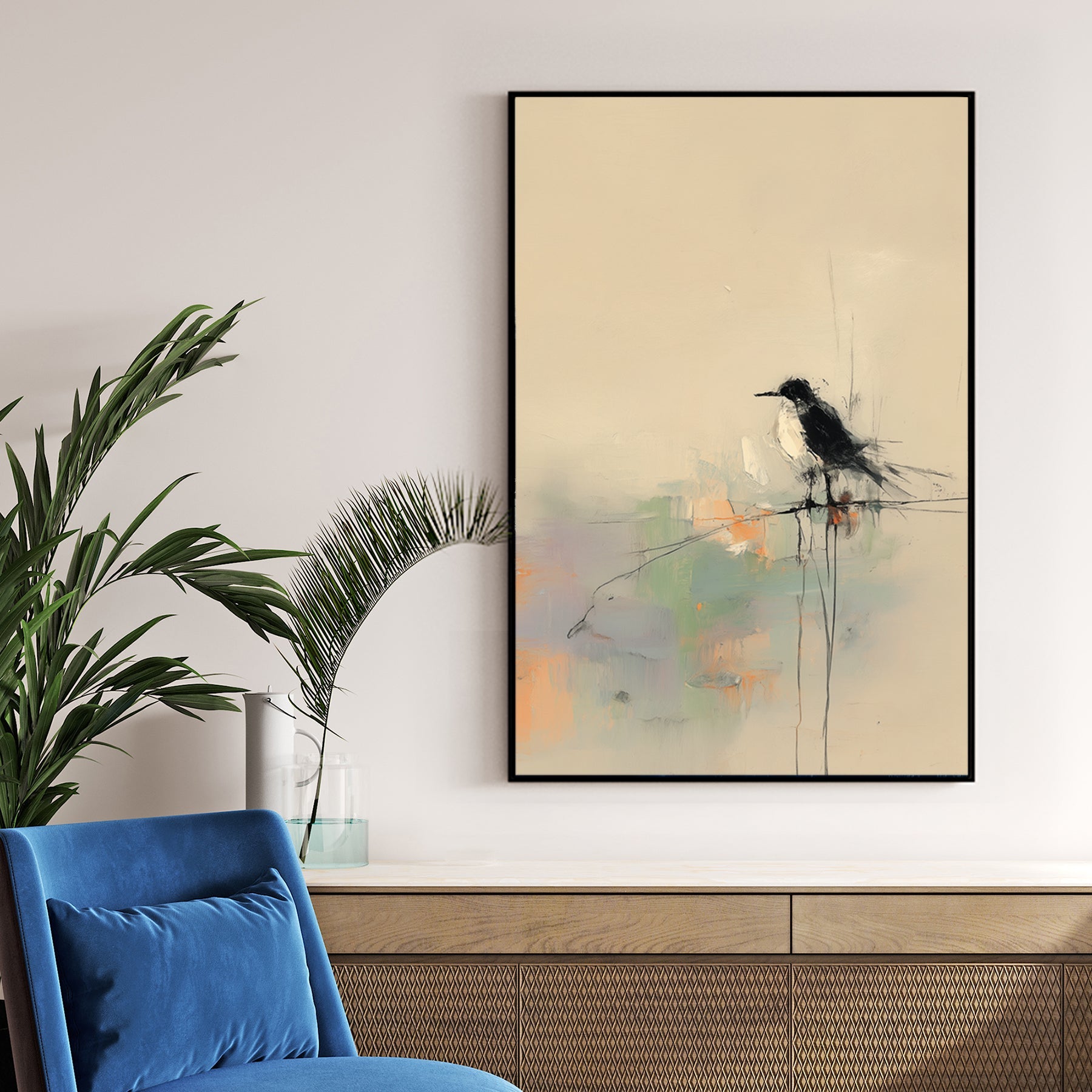 minimalist bird on wire abstract neutral wall art