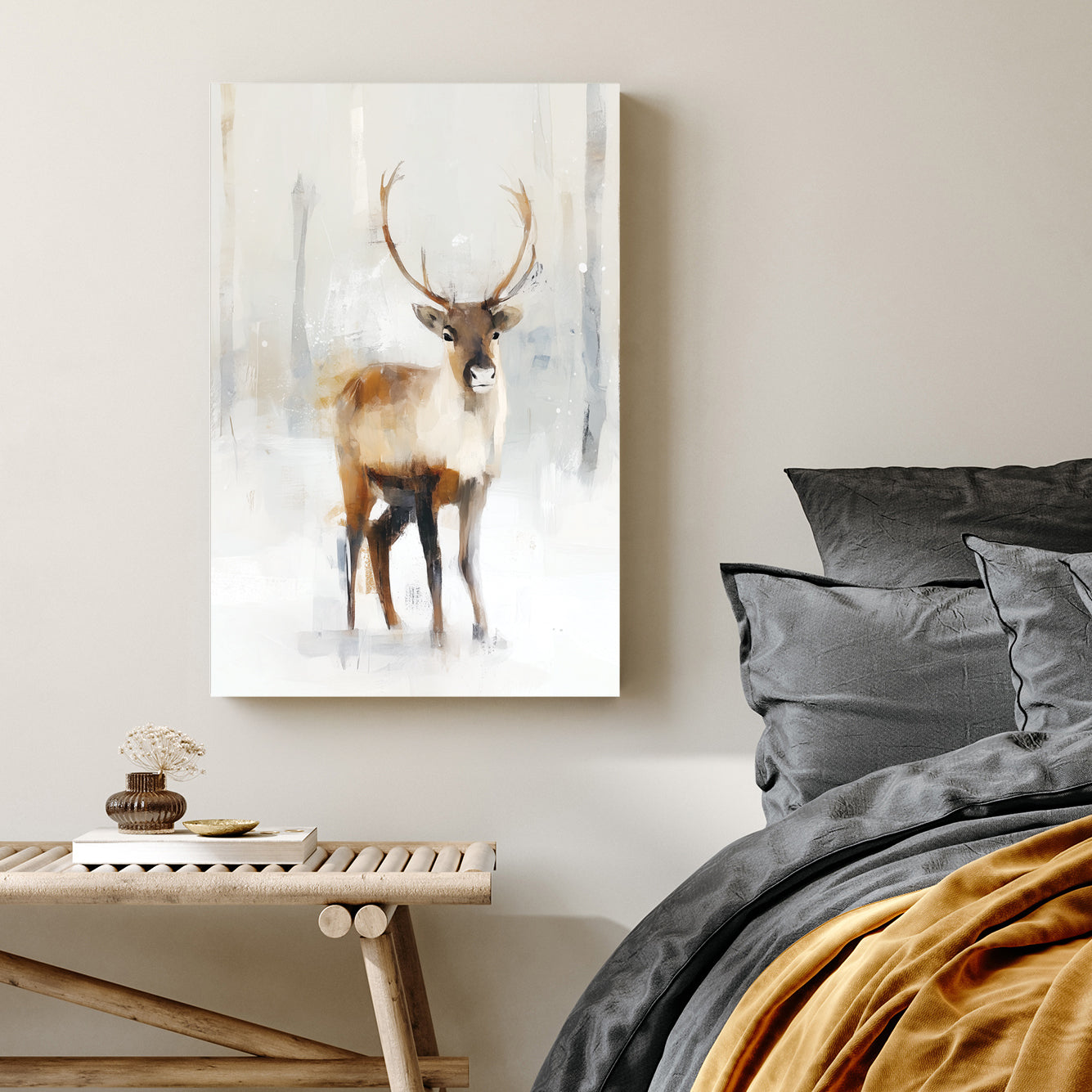 elegant winter stag in snowy forest neutral wall art