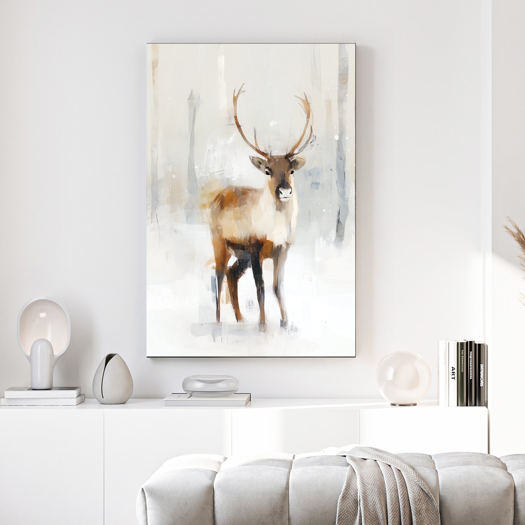 elegant winter stag in snowy forest neutral wall art