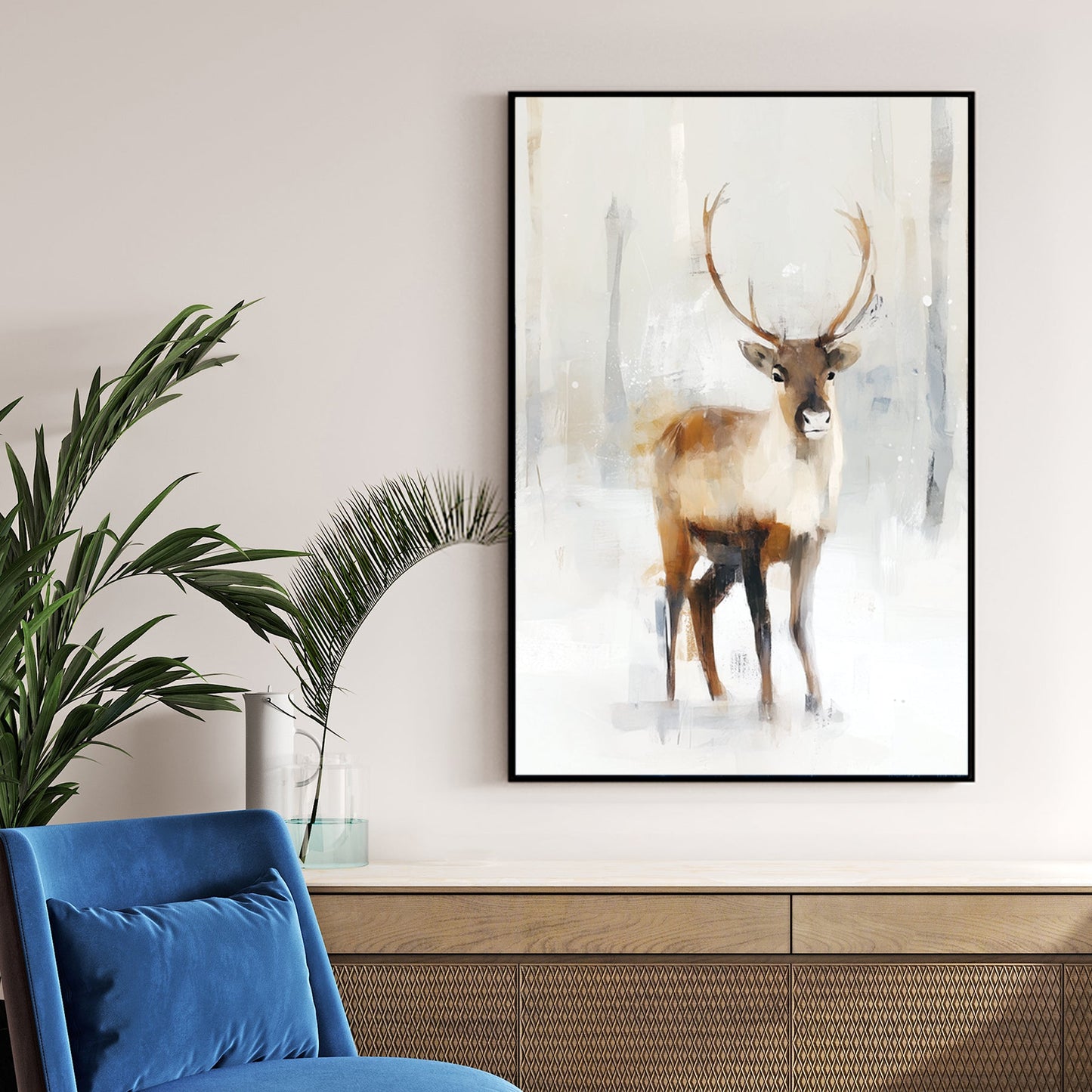 elegant winter stag in snowy forest neutral wall art
