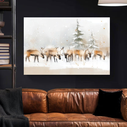 winter reindeer herd snowy forest wall art