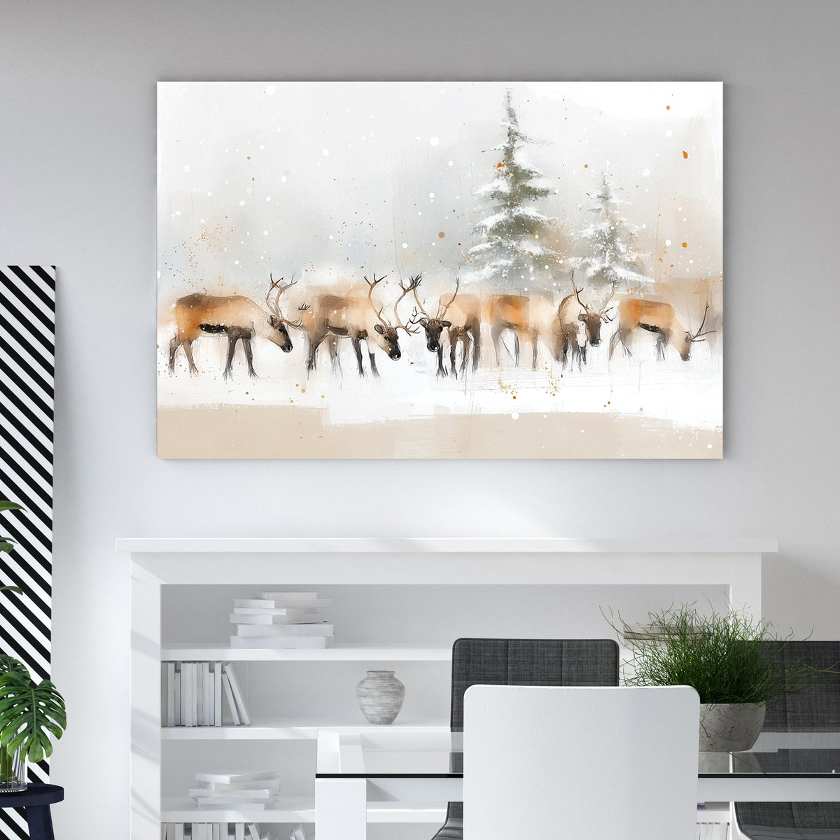 winter reindeer herd snowy forest wall art