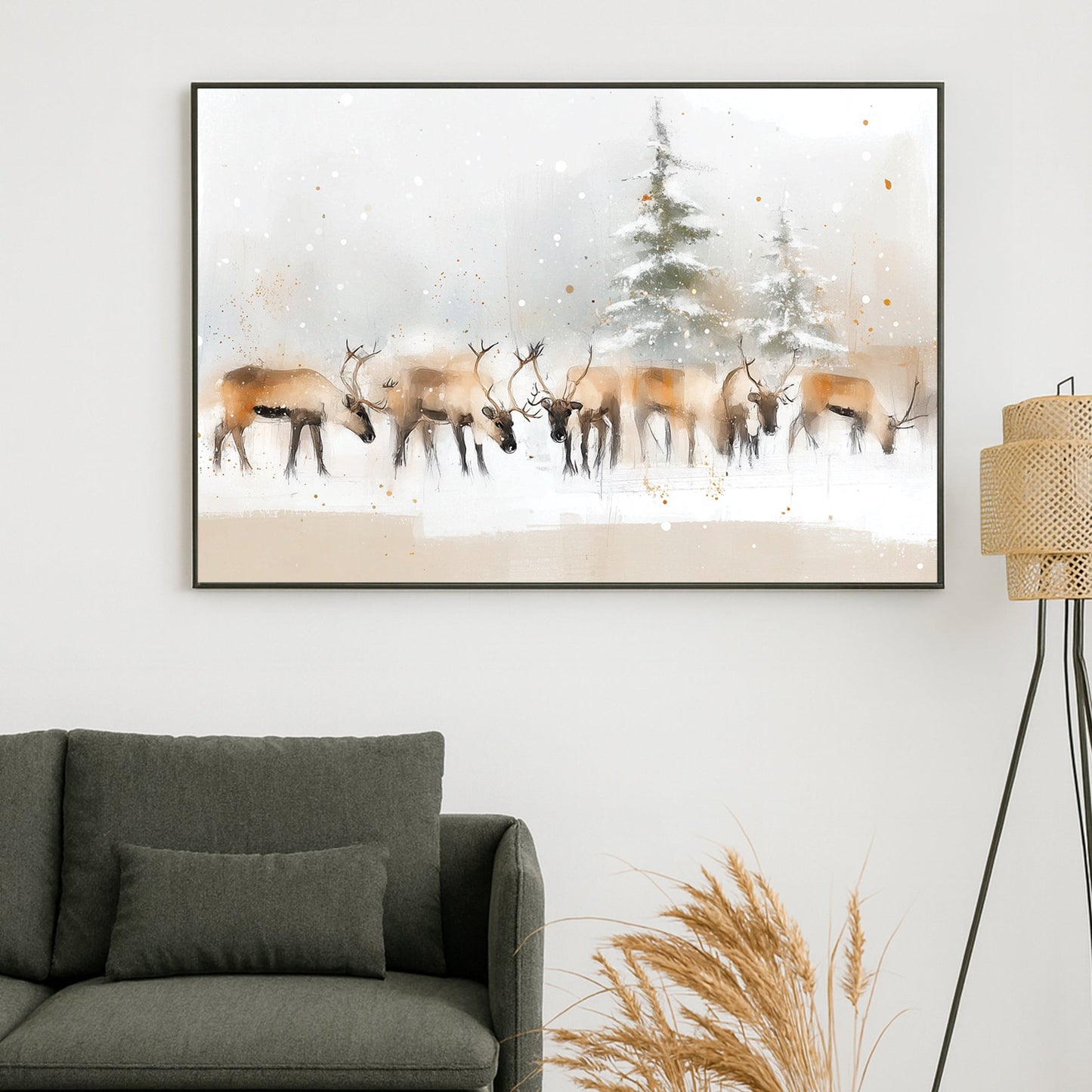 winter reindeer herd snowy forest wall art