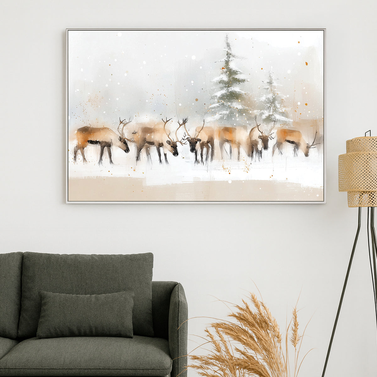 winter reindeer herd snowy forest wall art