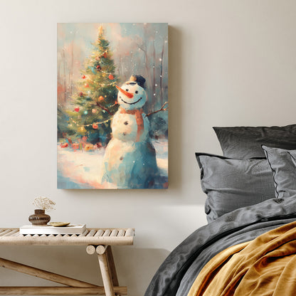cheerful snowman and Christmas tree winter wall art