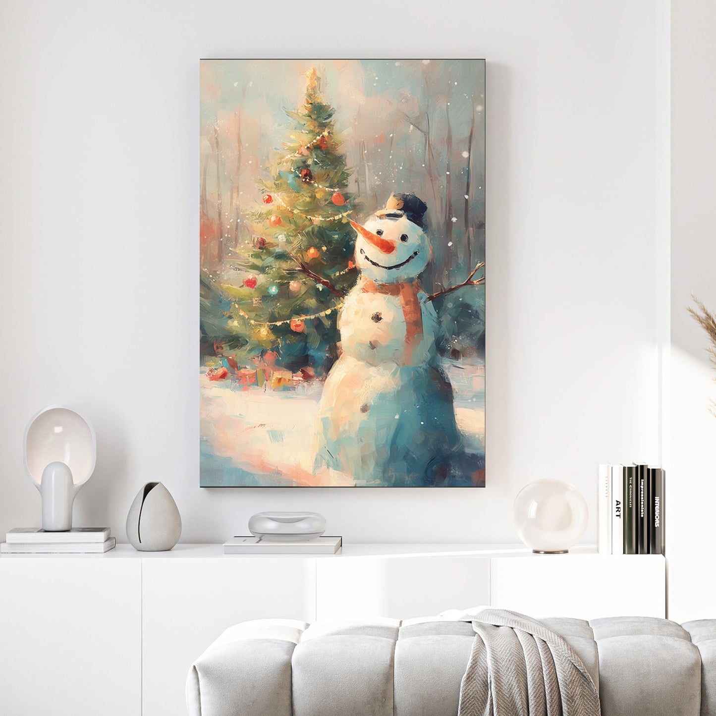 cheerful snowman and Christmas tree winter wall art
