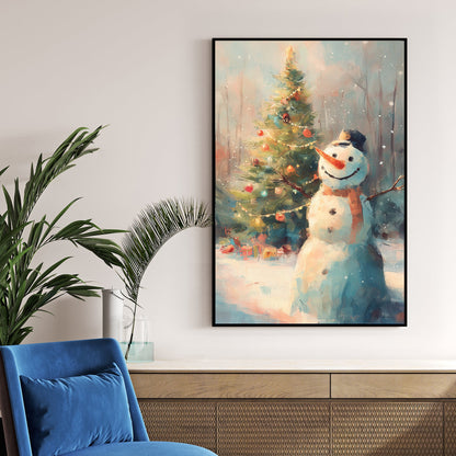 cheerful snowman and Christmas tree winter wall art