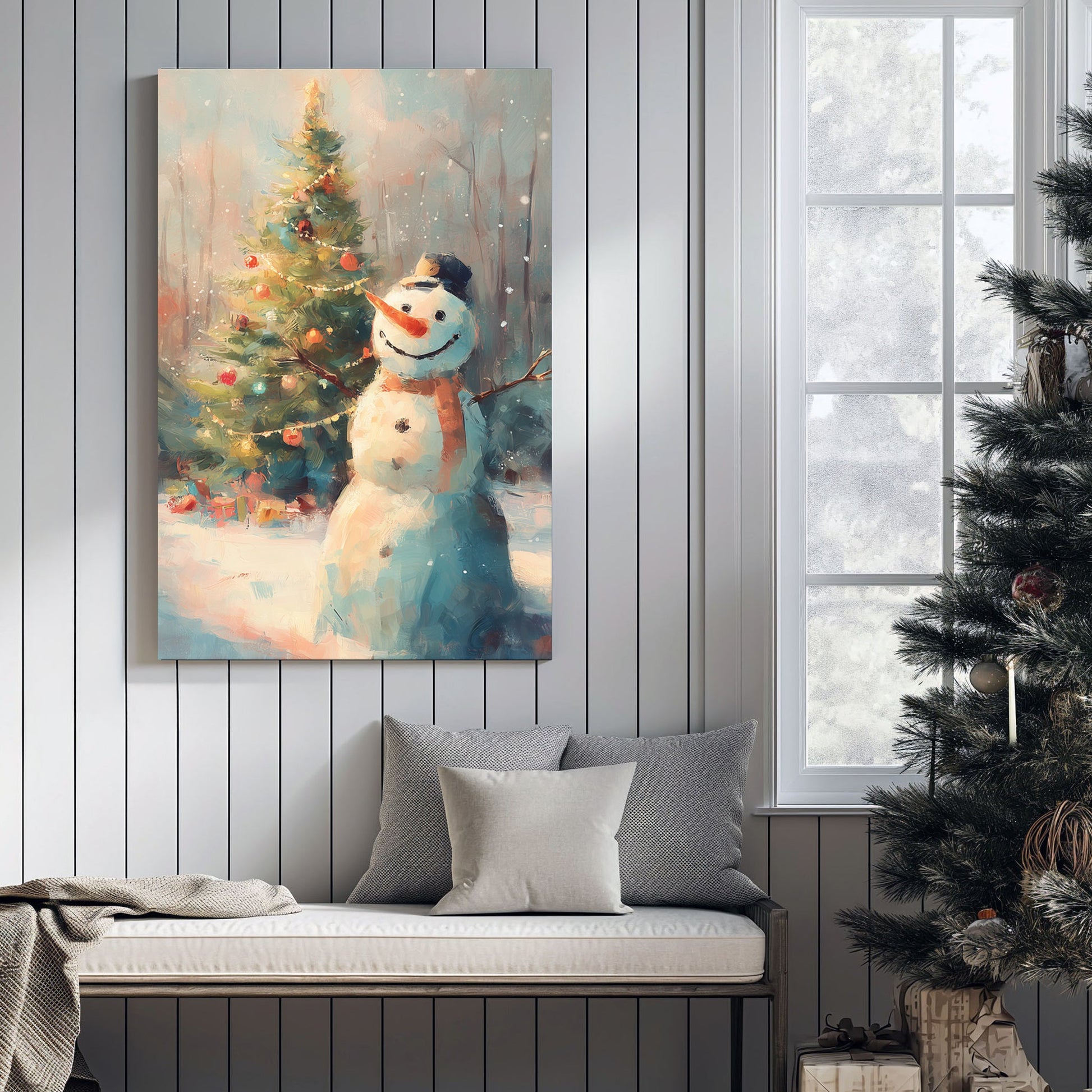 cheerful snowman and Christmas tree winter wall art