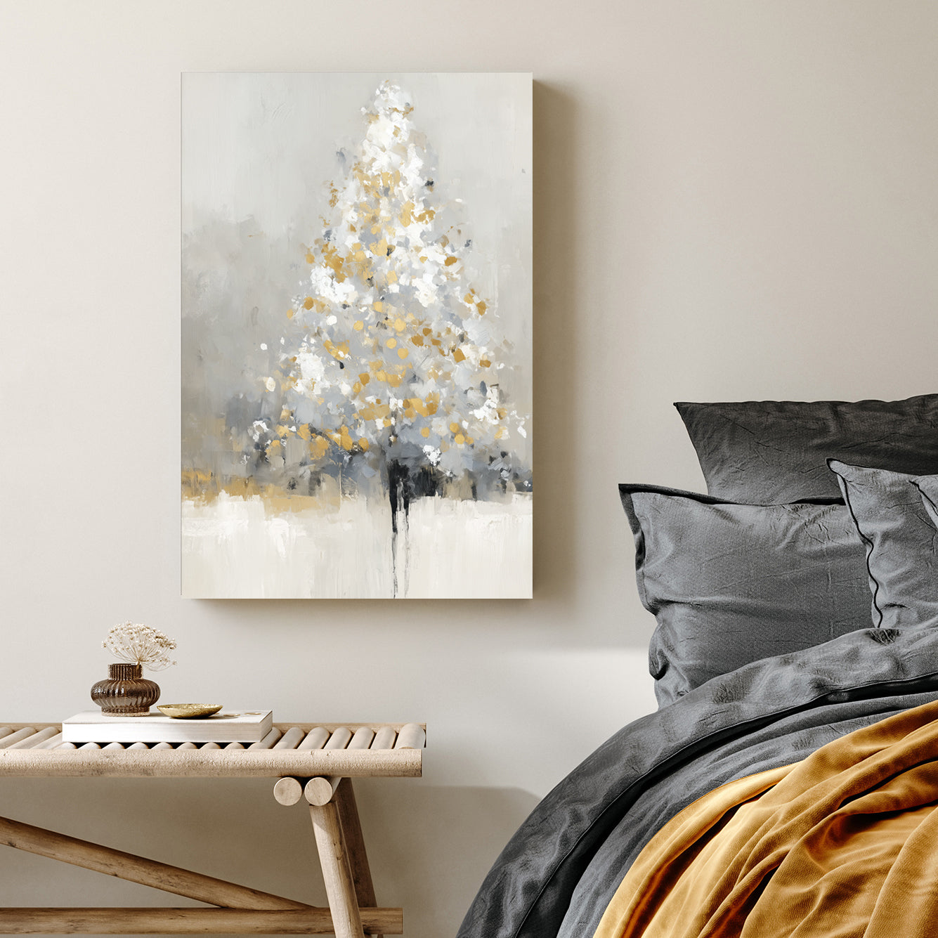 golden frosted Christmas tree abstract winter wall art