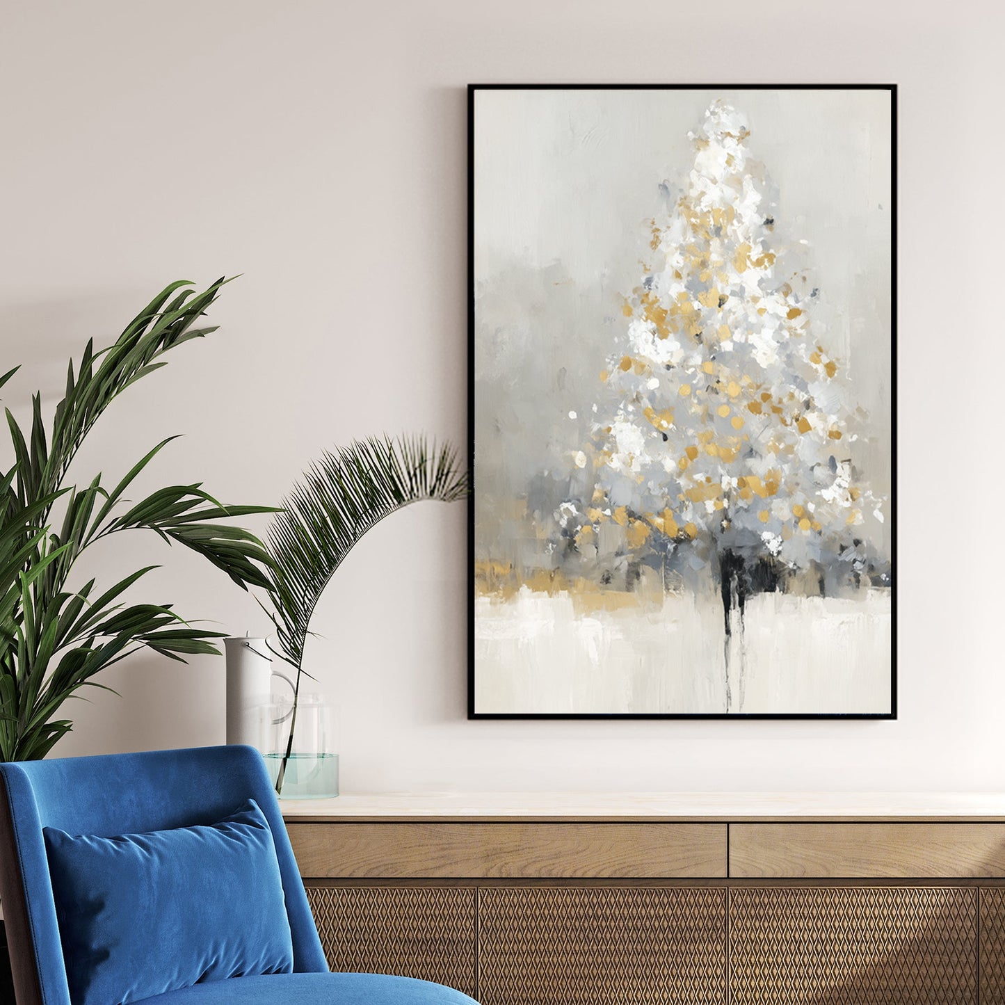 golden frosted Christmas tree abstract winter wall art