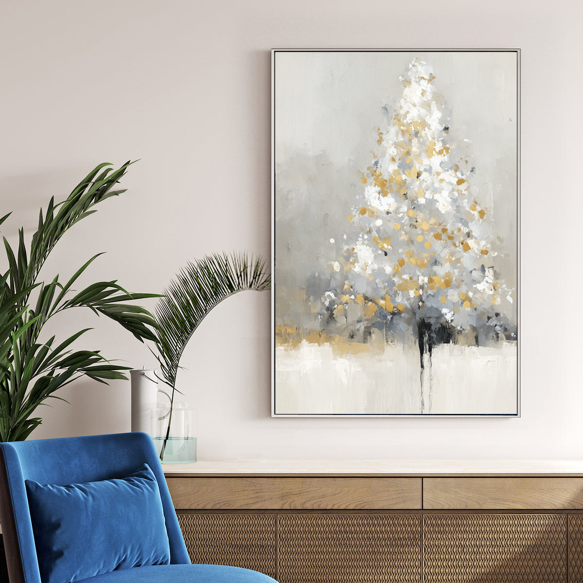 golden frosted Christmas tree abstract winter wall art