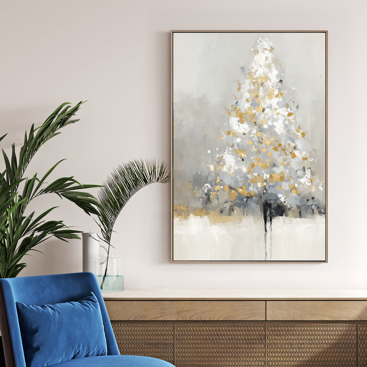 golden frosted Christmas tree abstract winter wall art
