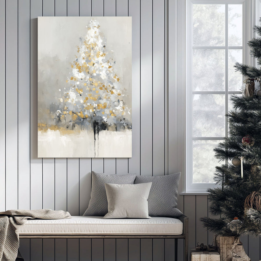 golden frosted Christmas tree abstract winter wall art