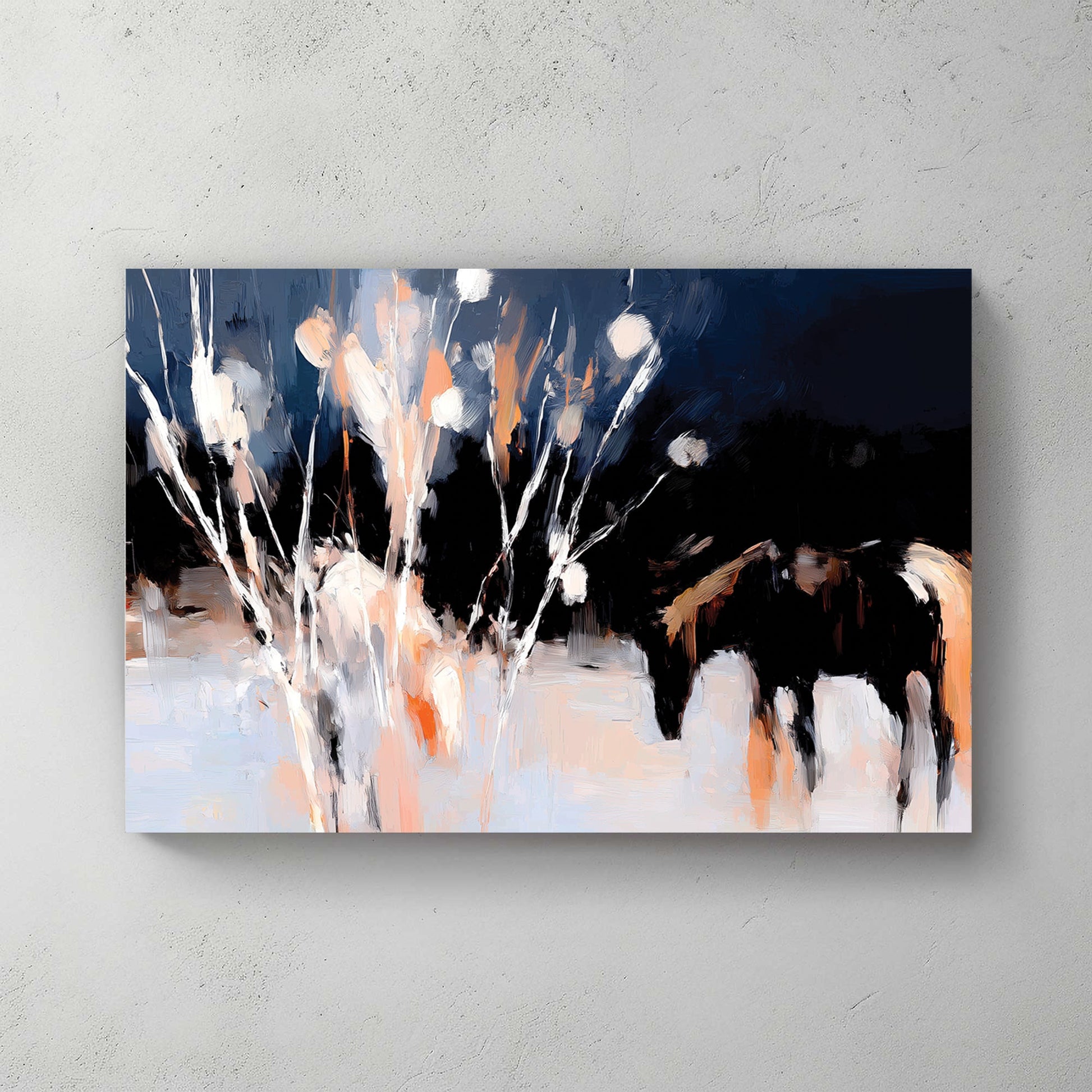 abstract winter horses grazing at night wall art