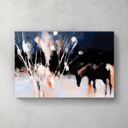 abstract winter horses grazing at night wall art