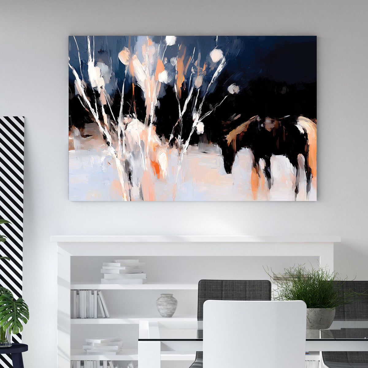 abstract winter horses grazing at night wall art