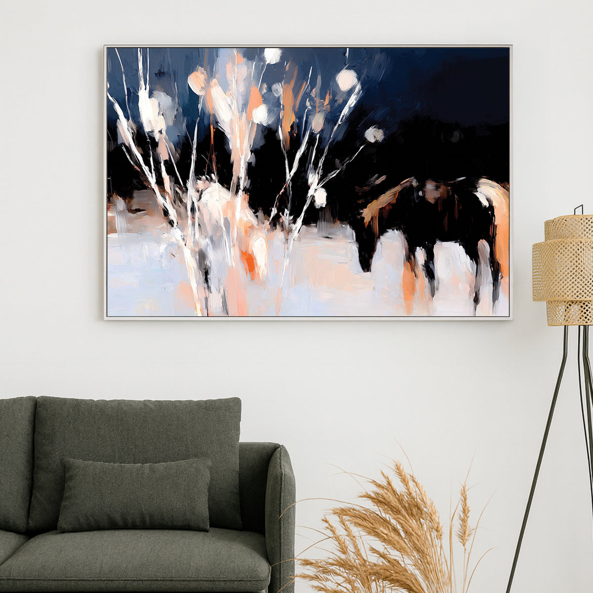 abstract winter horses grazing at night wall art
