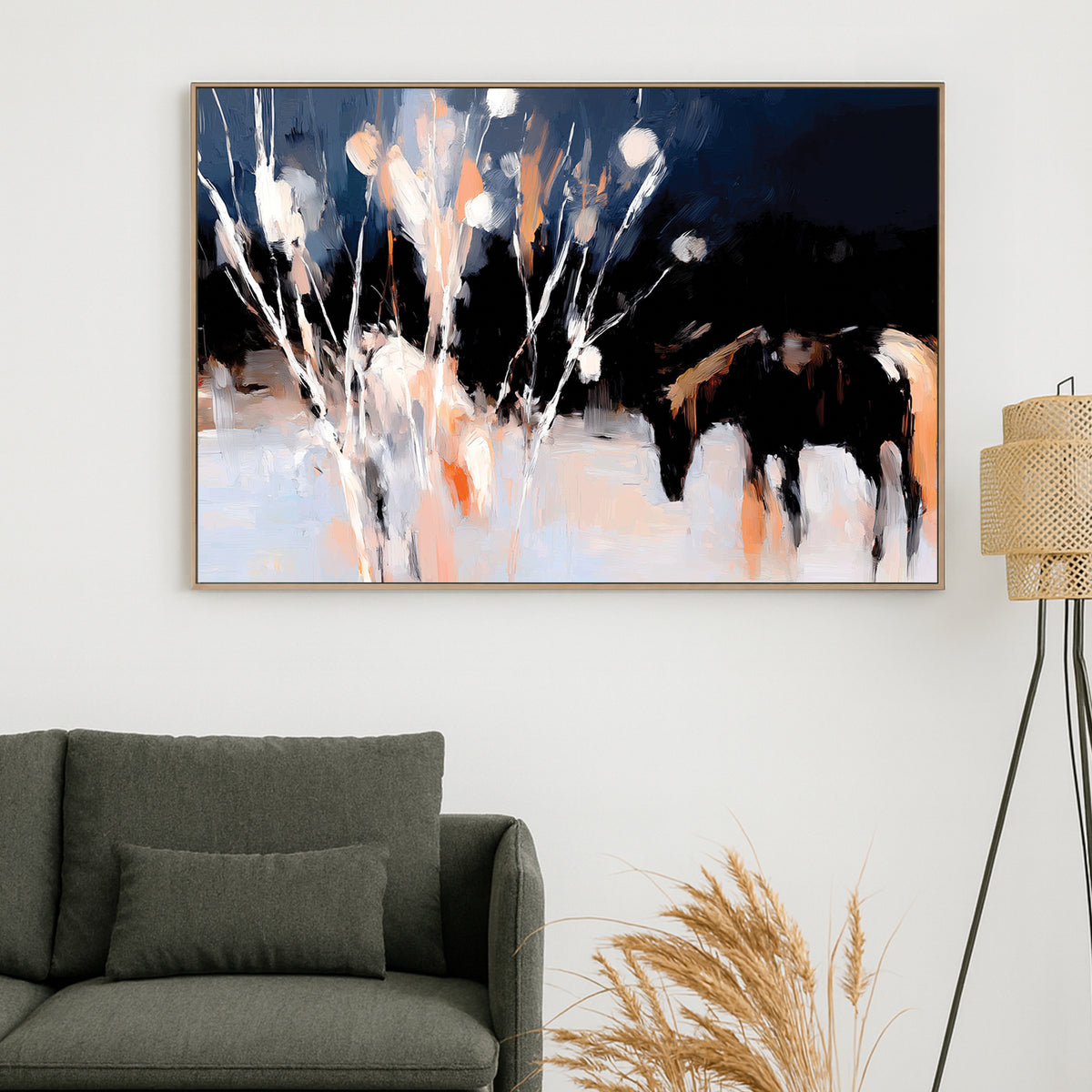 abstract winter horses grazing at night wall art