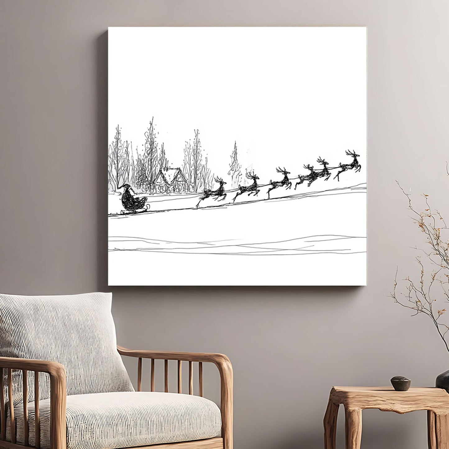 minimalist Santa sleigh reindeer Christmas wall art