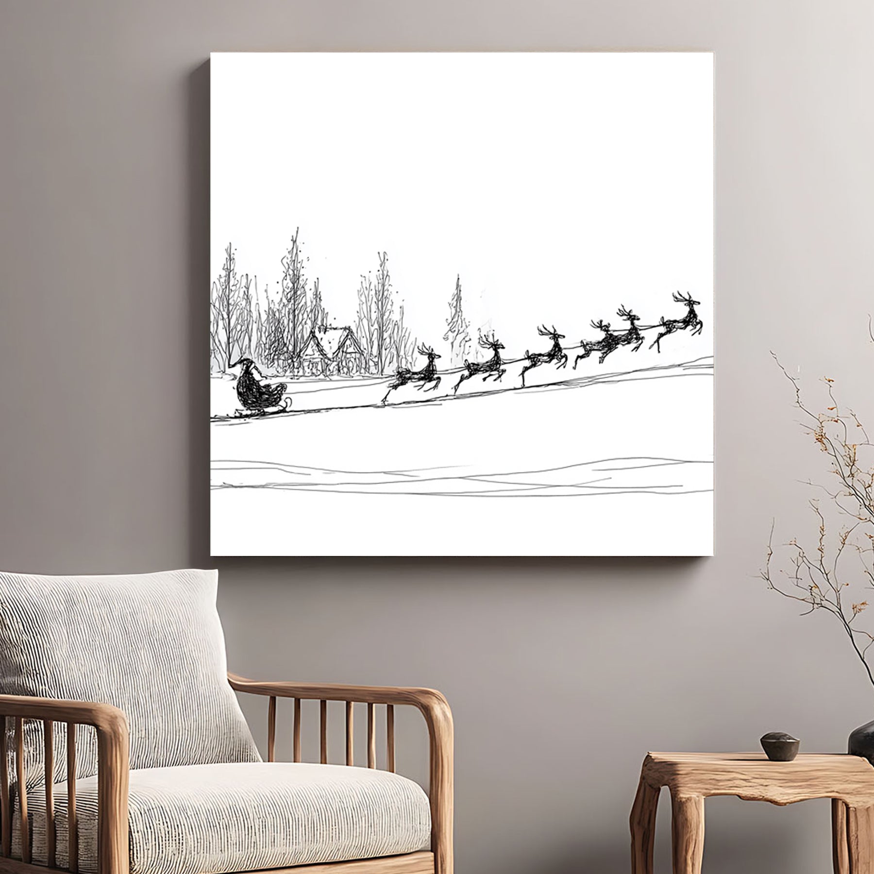 minimalist Santa sleigh reindeer Christmas wall art