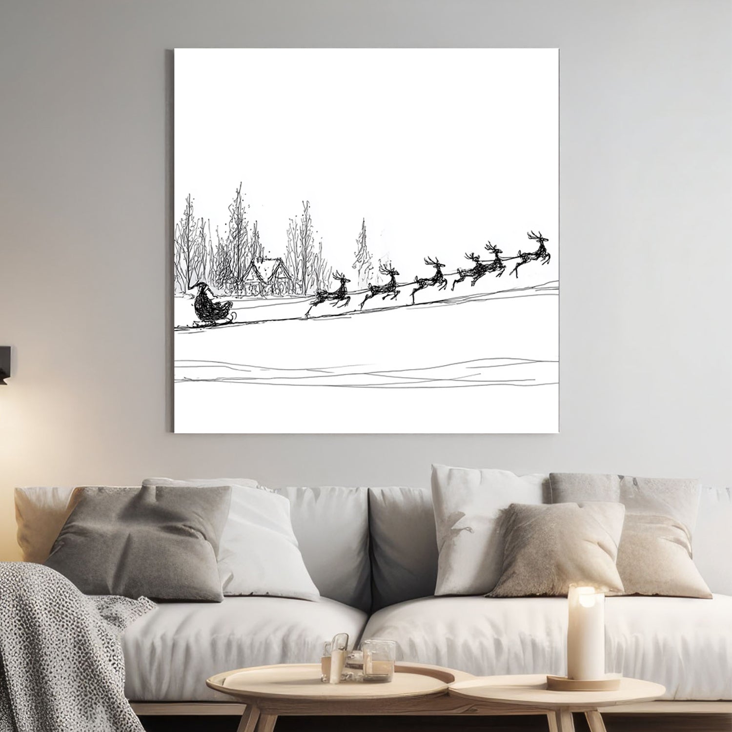 minimalist Santa sleigh reindeer Christmas wall art