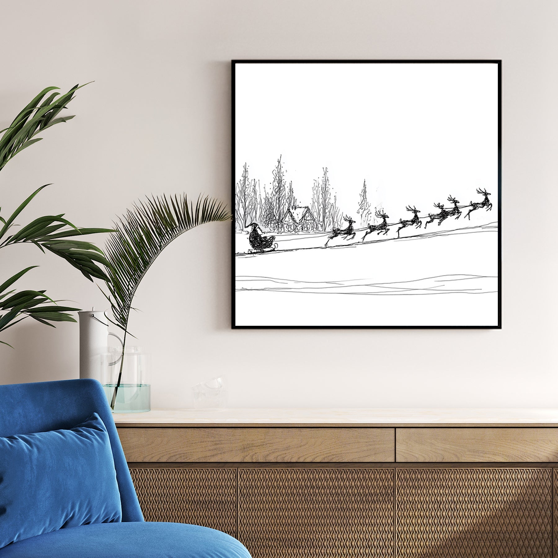 minimalist Santa sleigh reindeer Christmas wall art