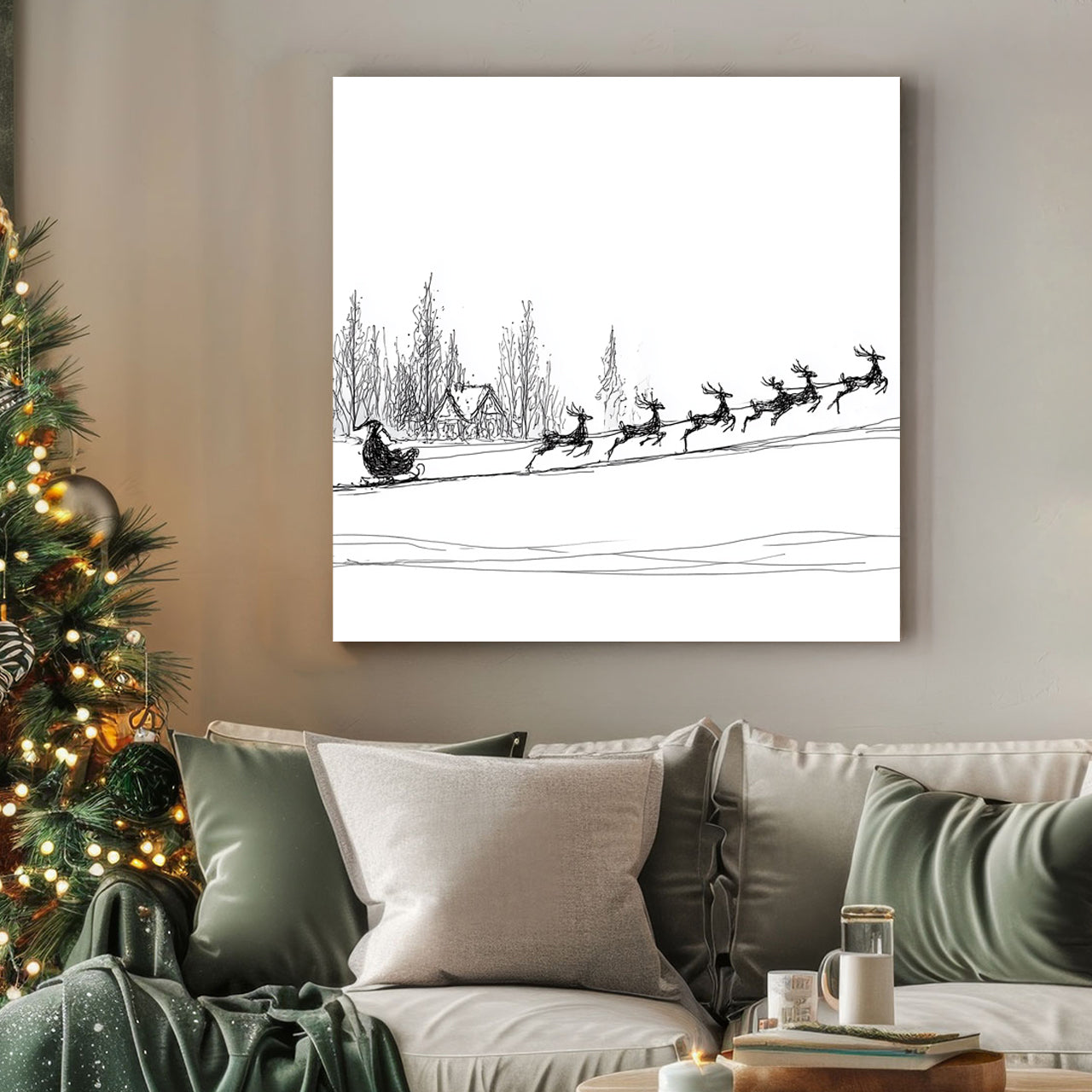 minimalist Santa sleigh reindeer Christmas wall art