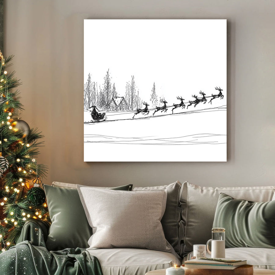 minimalist Santa sleigh reindeer Christmas wall art