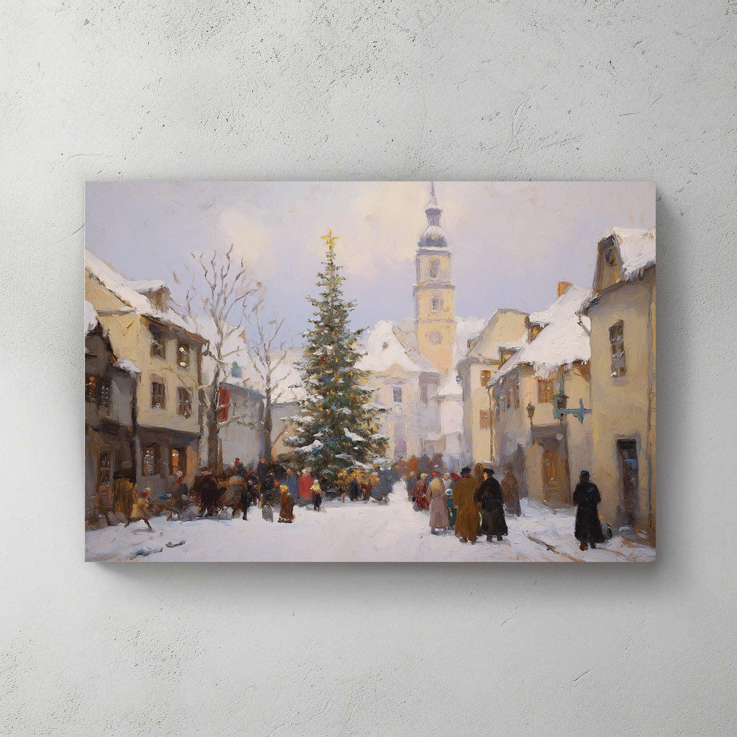 vintage Christmas village gathering winter wall art