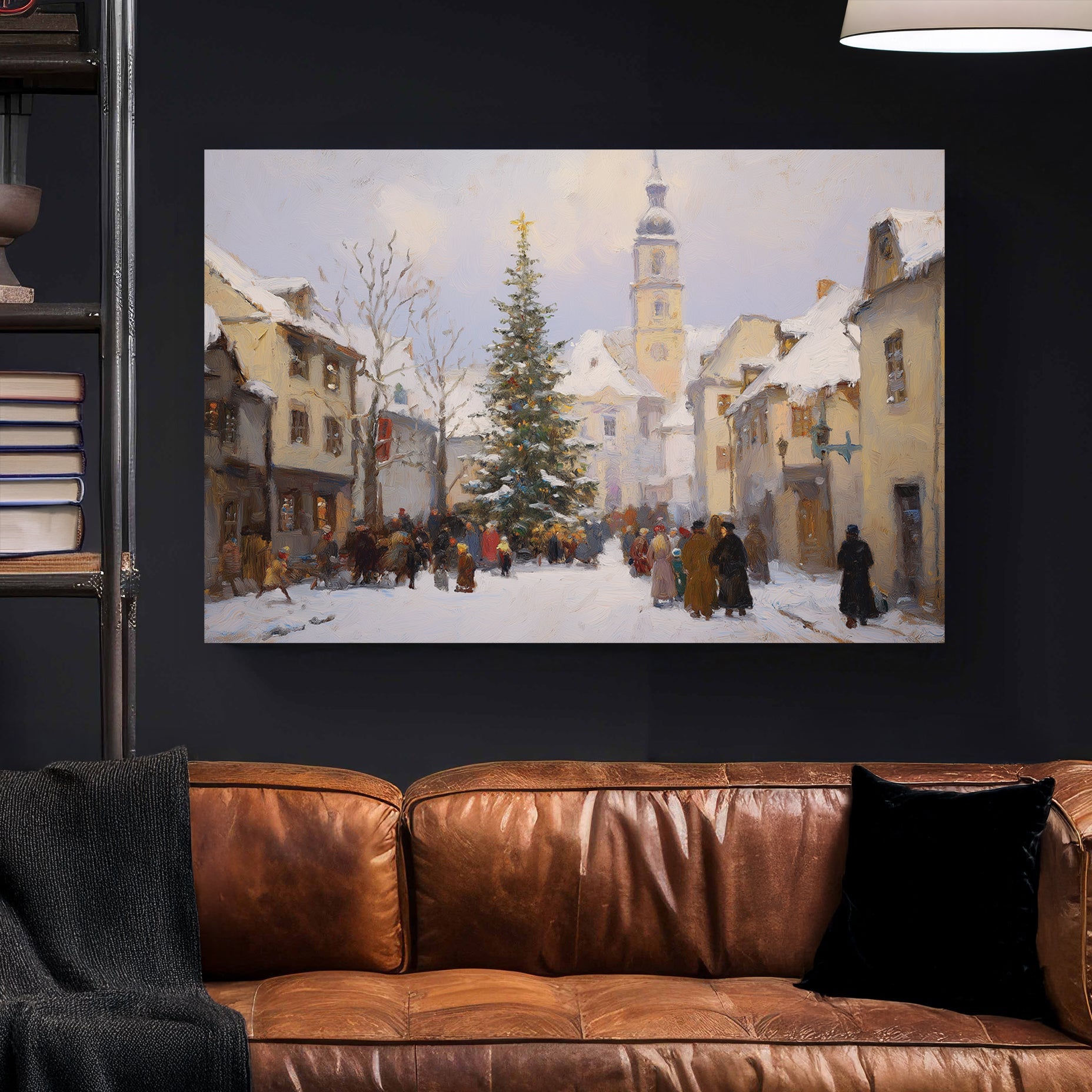 vintage Christmas village gathering winter wall art