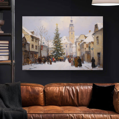 vintage Christmas village gathering winter wall art