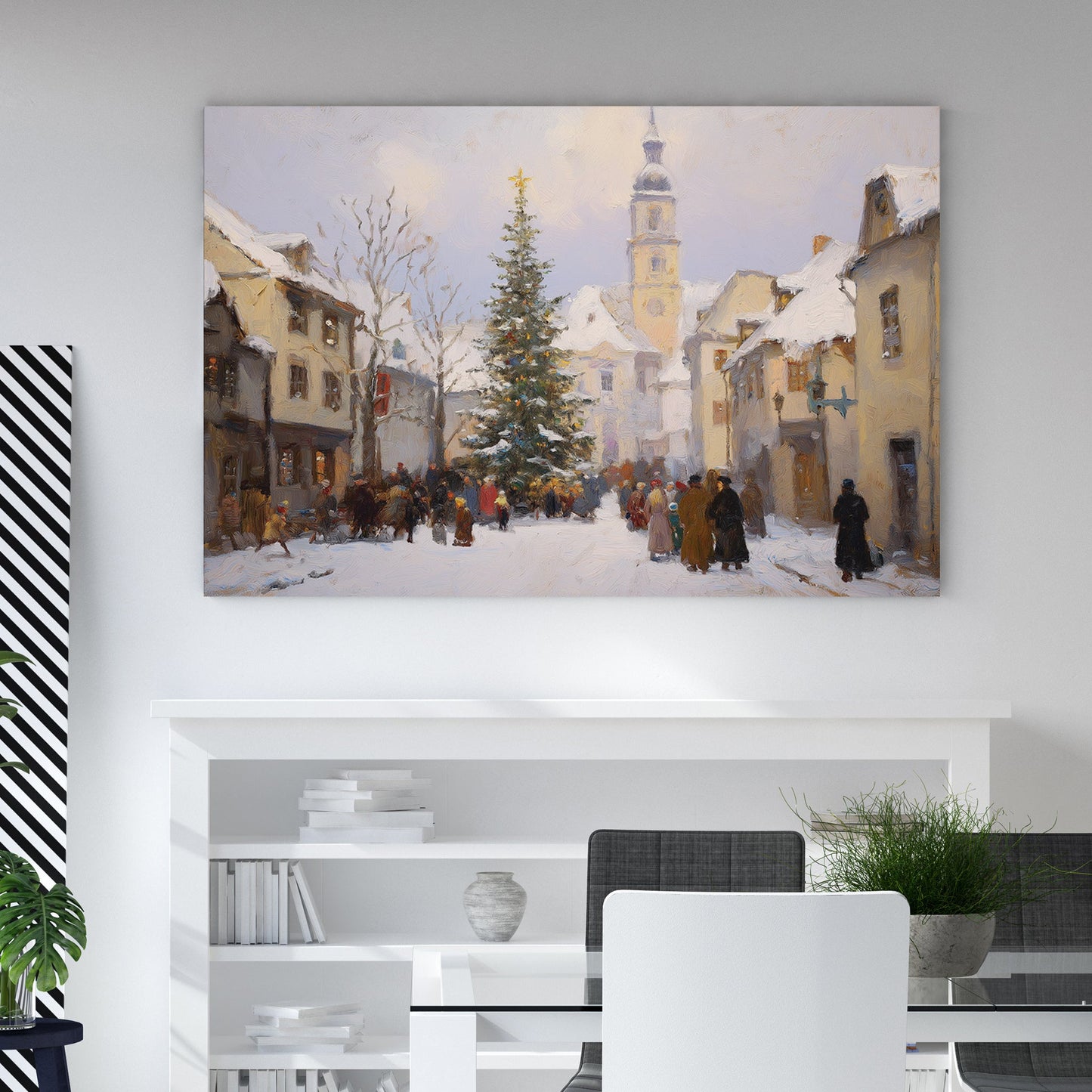 vintage Christmas village gathering winter wall art