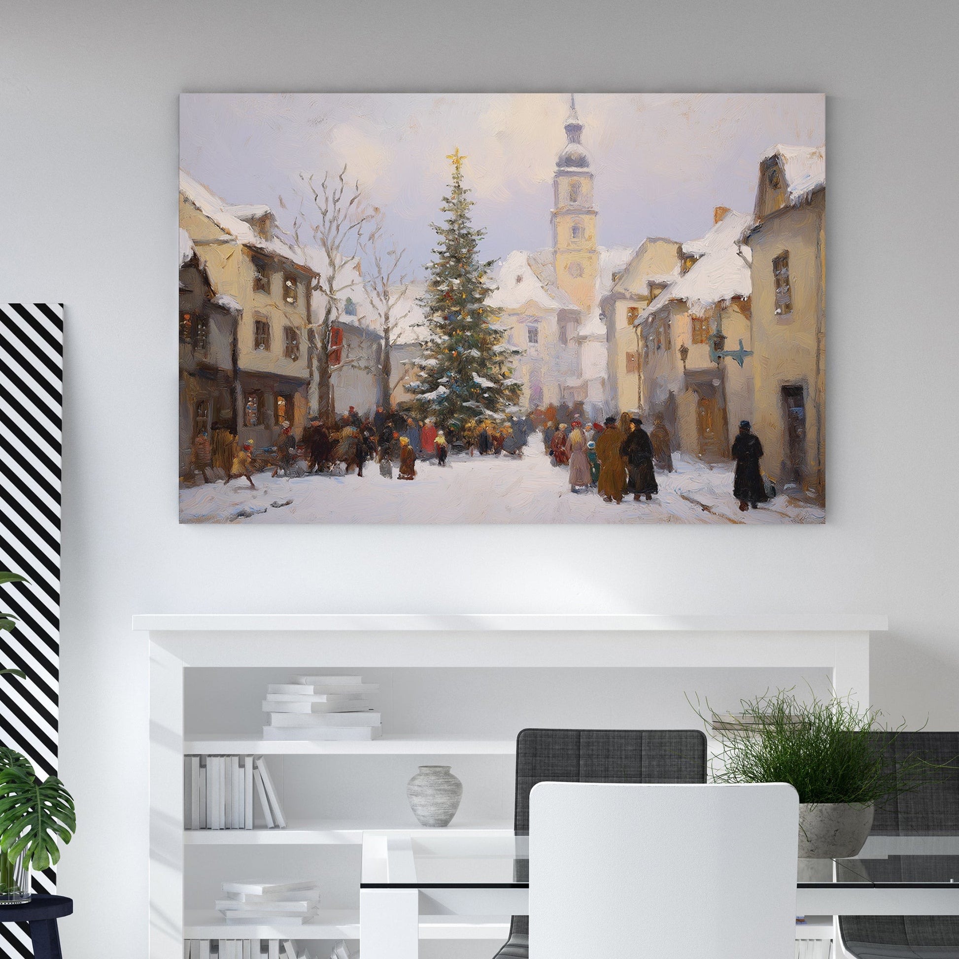 vintage Christmas village gathering winter wall art