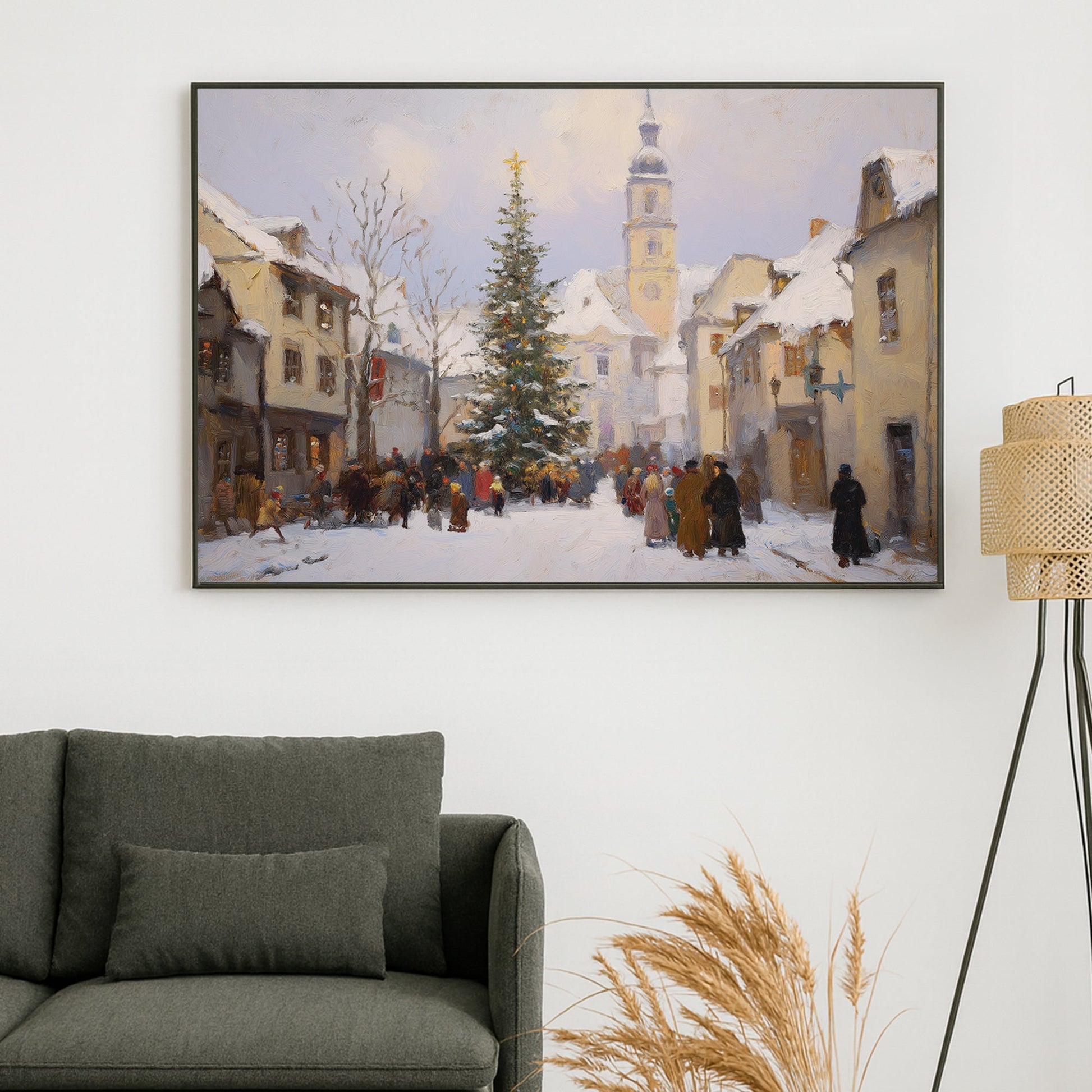 vintage Christmas village gathering winter wall art