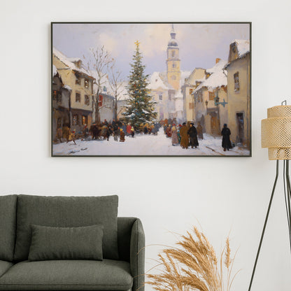 vintage Christmas village gathering winter wall art