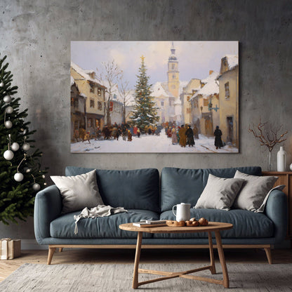 vintage Christmas village gathering winter wall art