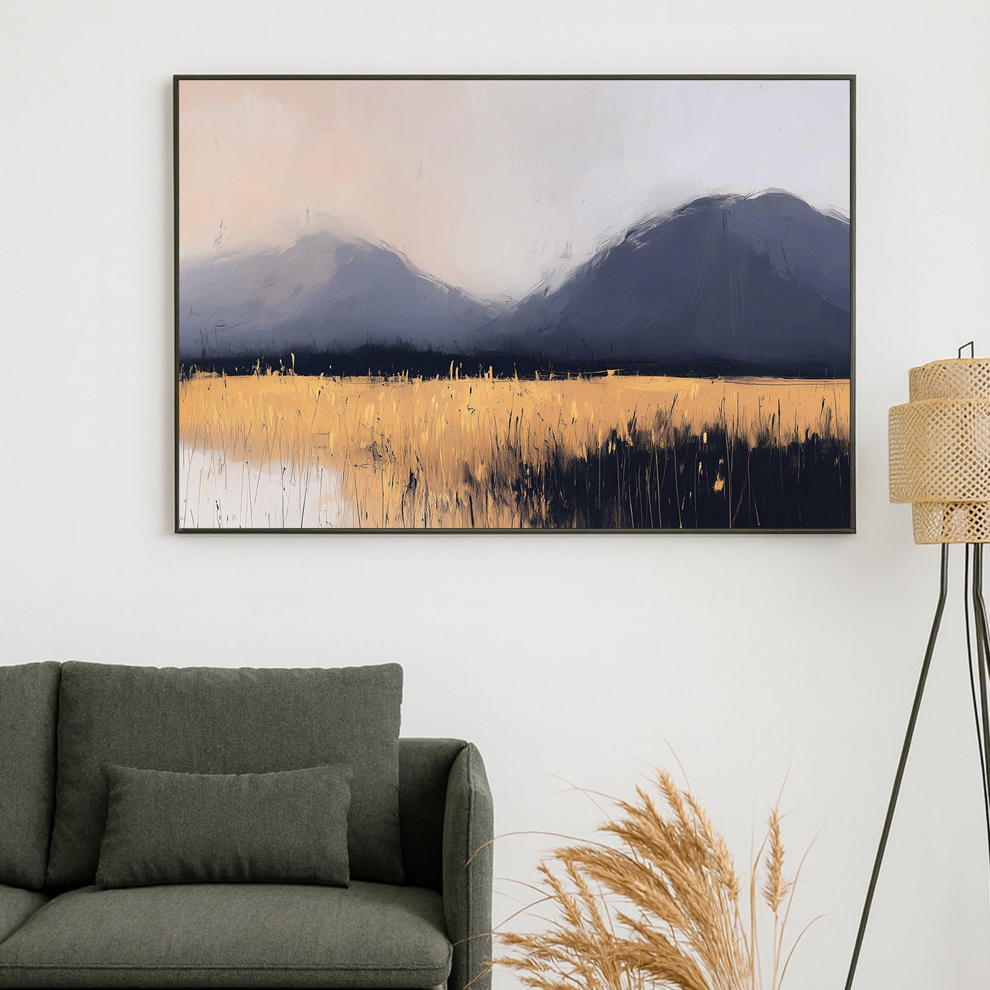 modern mountain landscape golden field wall art