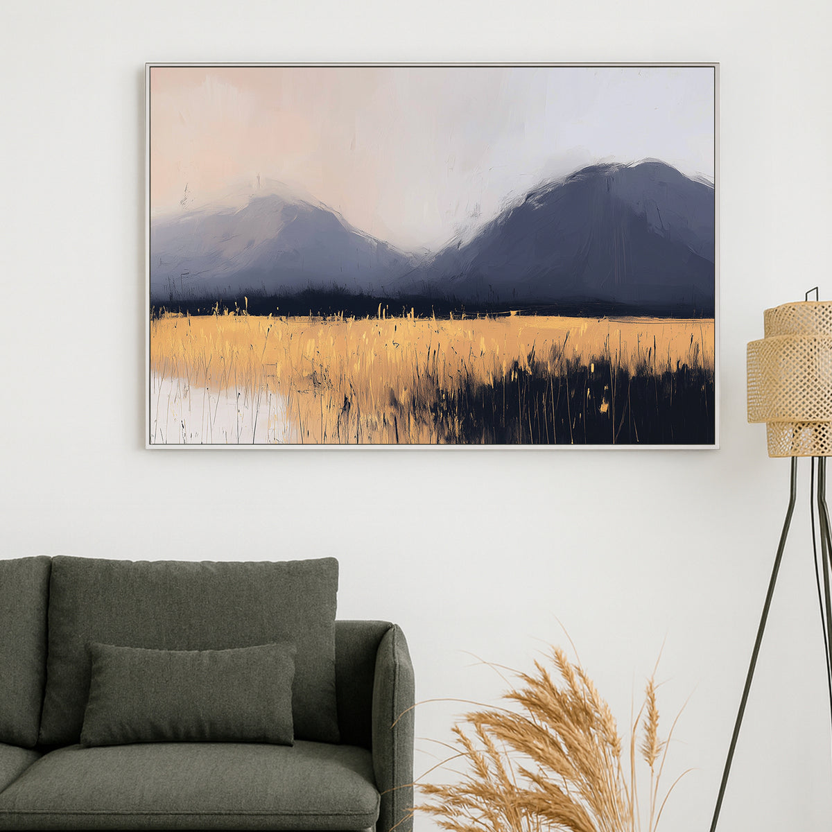 modern mountain landscape golden field wall art