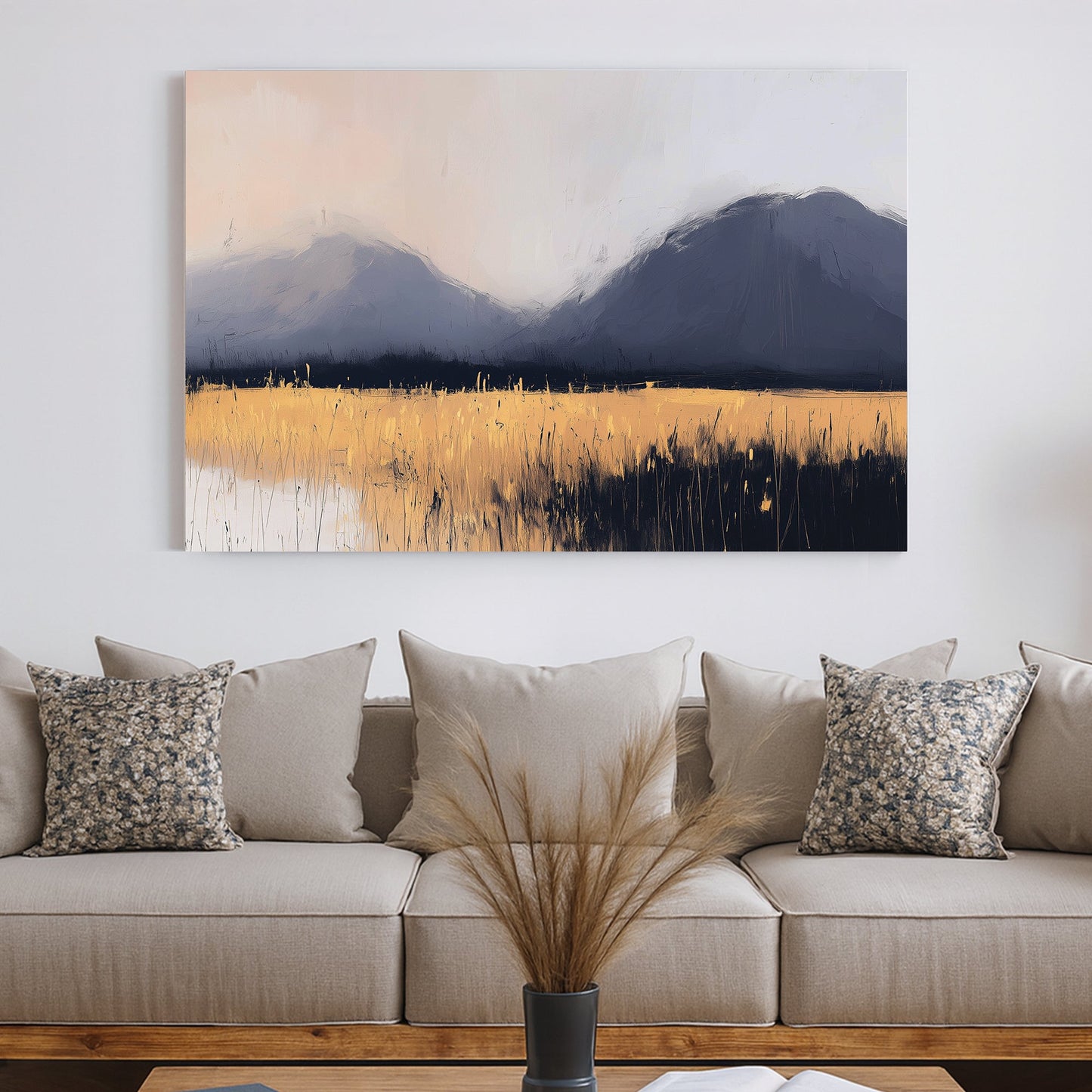 modern mountain landscape golden field wall art